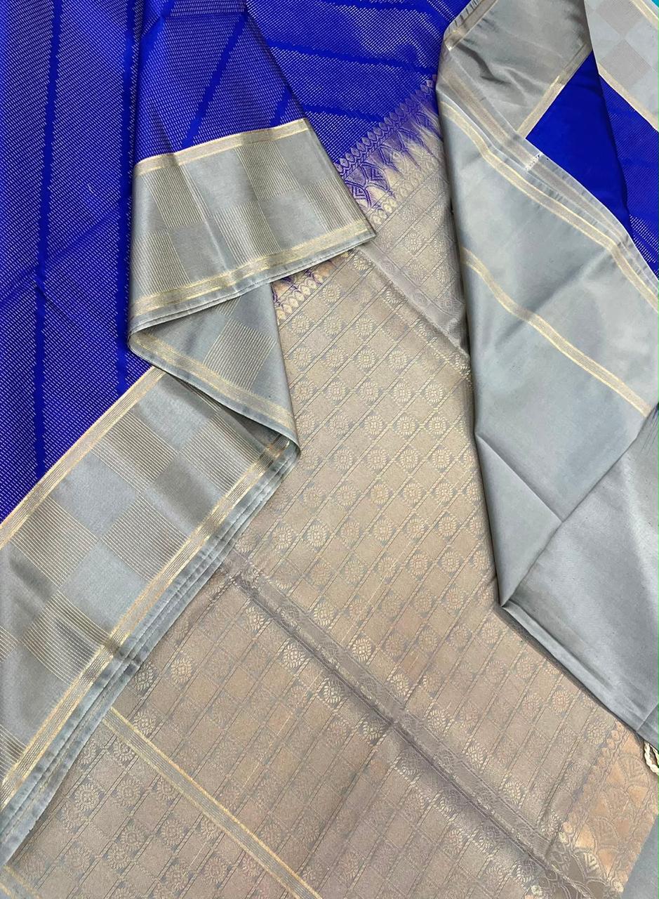 Vegan Silk Sarees Online | geometric butta x rettaipet border | royal blue x grey