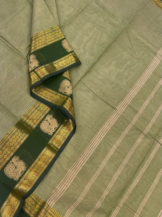 Kanchi soft cotton |mayil butta x Zari  rettaipet border | beige light green x dark green