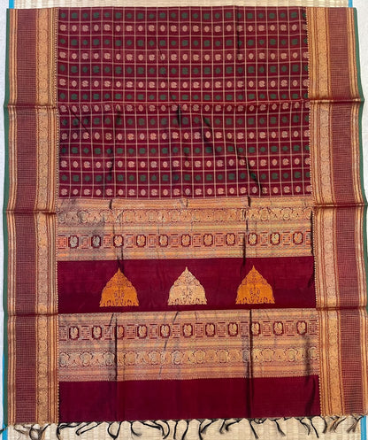 Kanchi Silk Cotton Sarees | 1000 butta  X rich rettai yaanai pallu | marron X gold x green