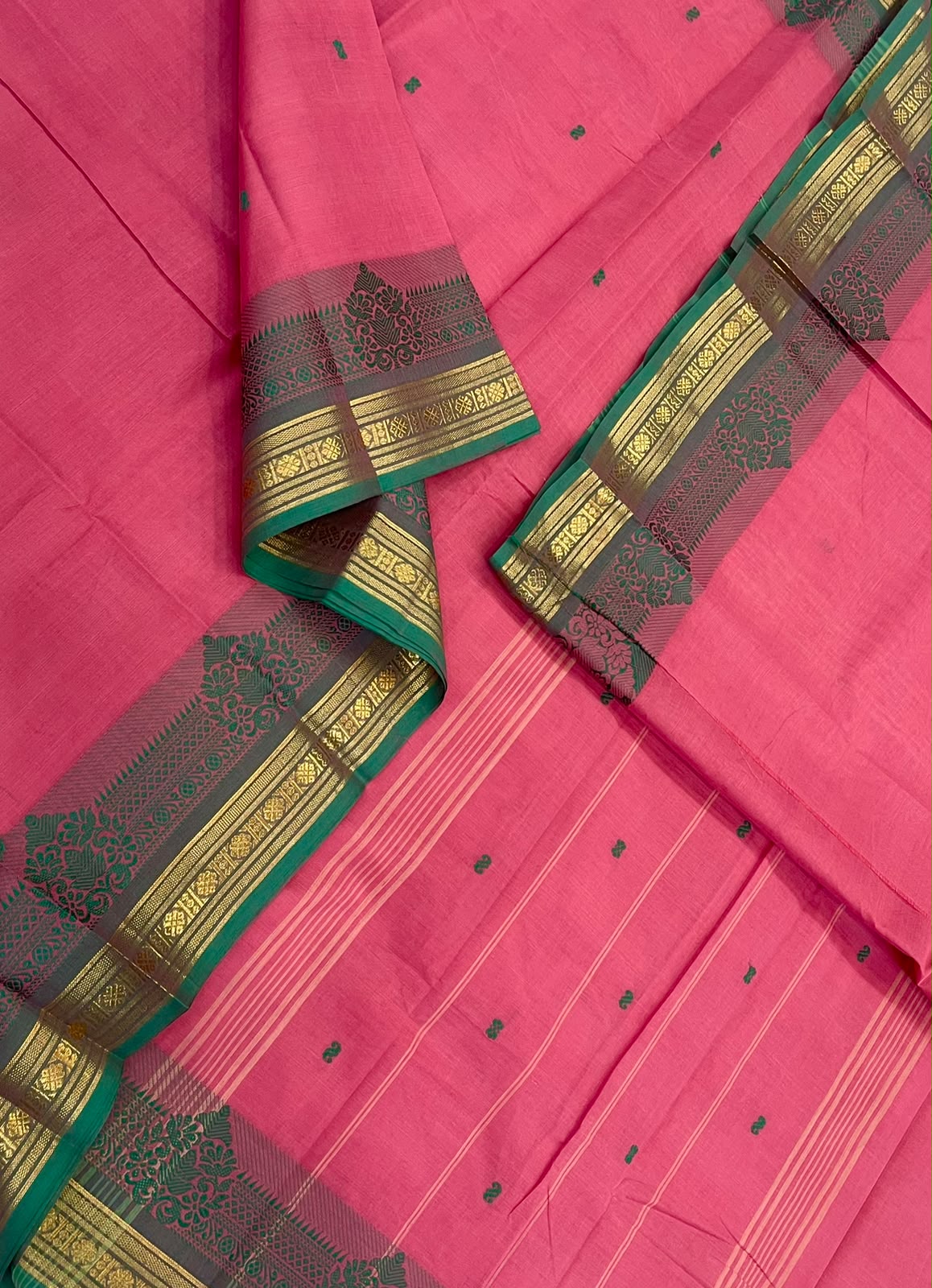 Kanchi soft cotton |  candy 🩷 pink x green |  tiny zari border
