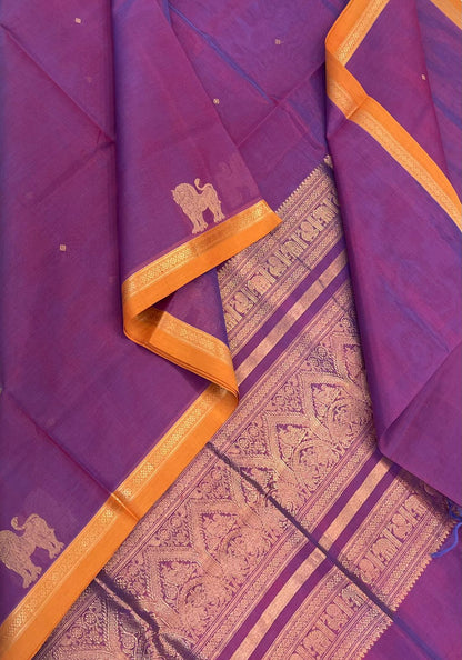 Kanchi Silk Cotton Sarees | tiny zari border X zari pallu | pastel majenta x manjal