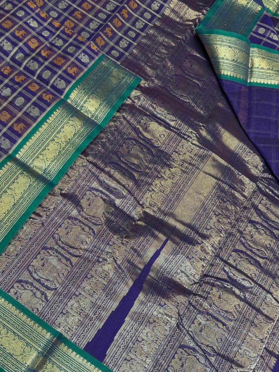 Pure Handloom Kanchi rich Cotton Saree | rich zari border x 1000 butta | blue x green
