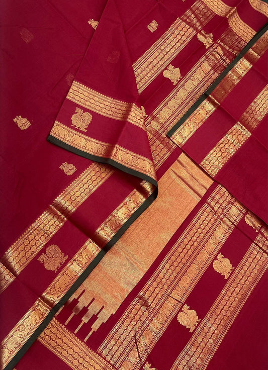 Kanchi handloom rich cotton zari  BUTTA x  Zari rettaipet mayil border | red x green