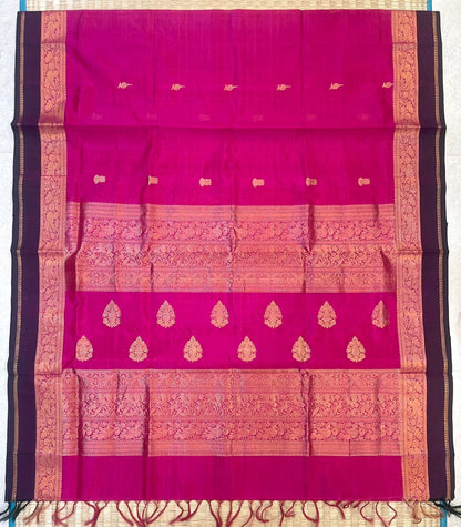 Kanchi Silk Cotton Sarees | zari tiny lotus buds motif X rich zari  pallu X zari border | rani pink x violet