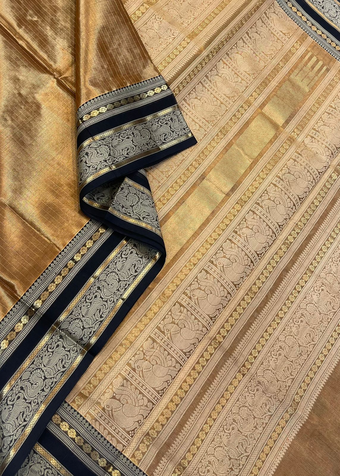 Tissue Kanchi Silk Cotton Sarees | tissue oosi vana X thread woven border | gold x black | NKV100