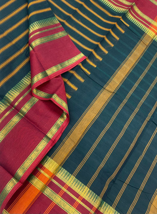 Kanchi soft cotton |thread woven veldhari | bottle green x red