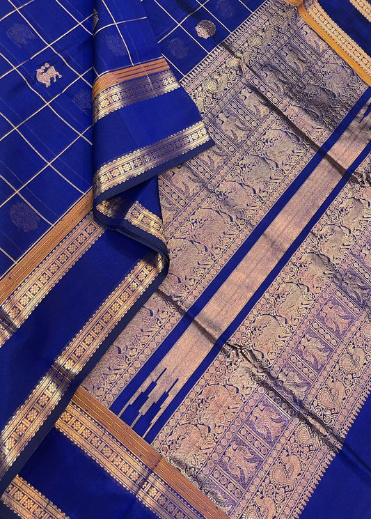 Kanchi Silk Cotton Sarees | kattam X yhazli x eruthalapakshi |royal blue X gold