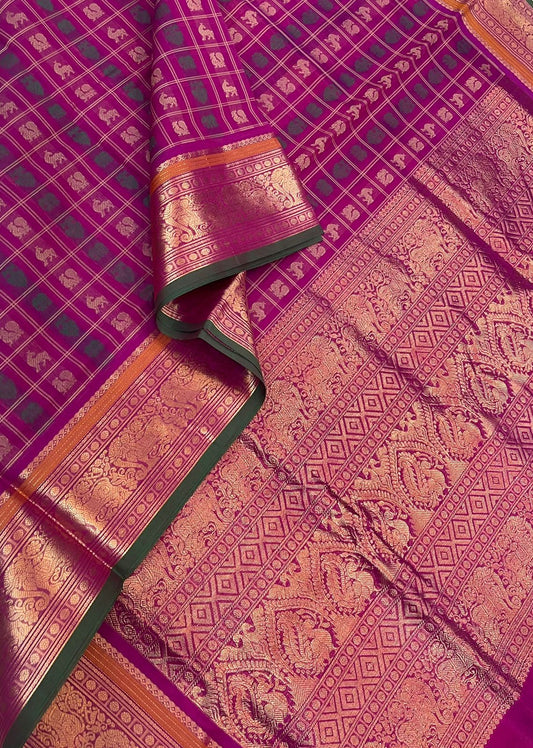 Kanchi Silk Cotton Sarees | 1000 butta x thick zari border pallu X 4 different motif| majenta pink X green X gold