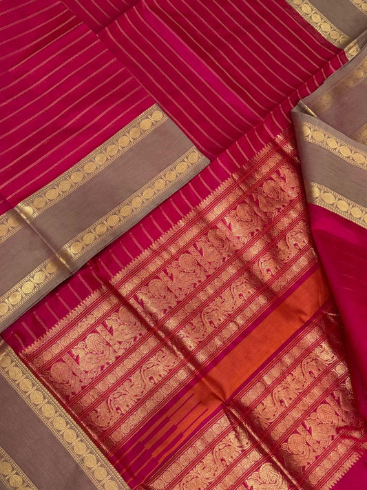Kanchi Silk Cotton Sarees | rich zari border x  veldhari |  pink x pastel grey tone