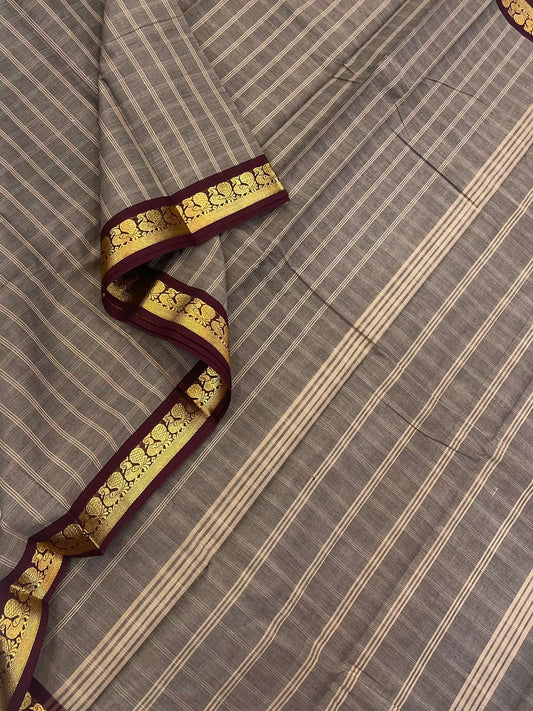 Kanchi soft cotton | grey x brown  |  tiny zari  border x kattam