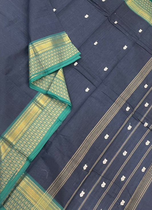 Kanchi soft cotton | butta x zari  border |  grey x cyan green