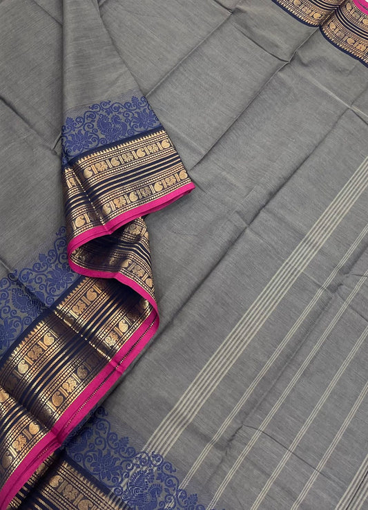 Kanchi soft cotton | grey x blue x pink | mayil threads zari border