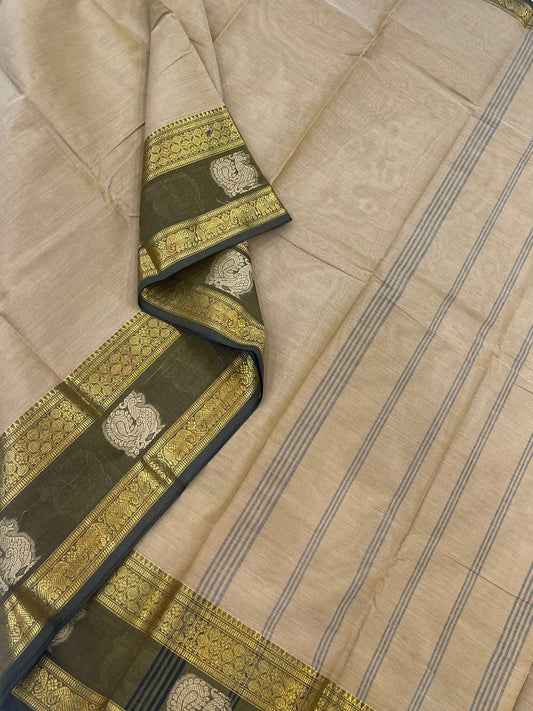 Kanchi soft cotton |mayil butta x Zari  rettaipet border | beige x grey