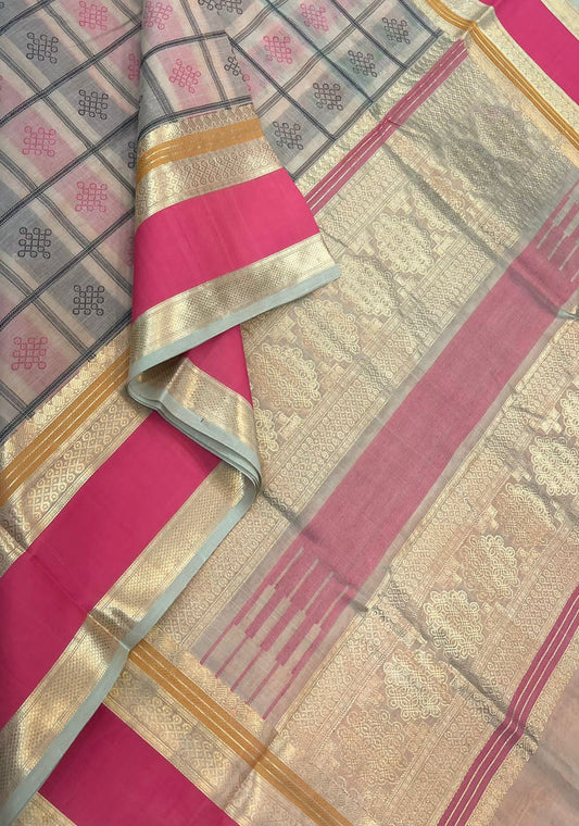 Kanchi Silk Cotton Sarees | kolam X 1000 butta | cream x pink X gold