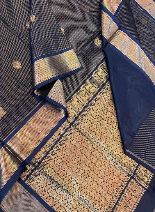 Kanchi Silk Cotton Sarees | bavanchi zari border  x muthukattam x mayil chakram | navy blue