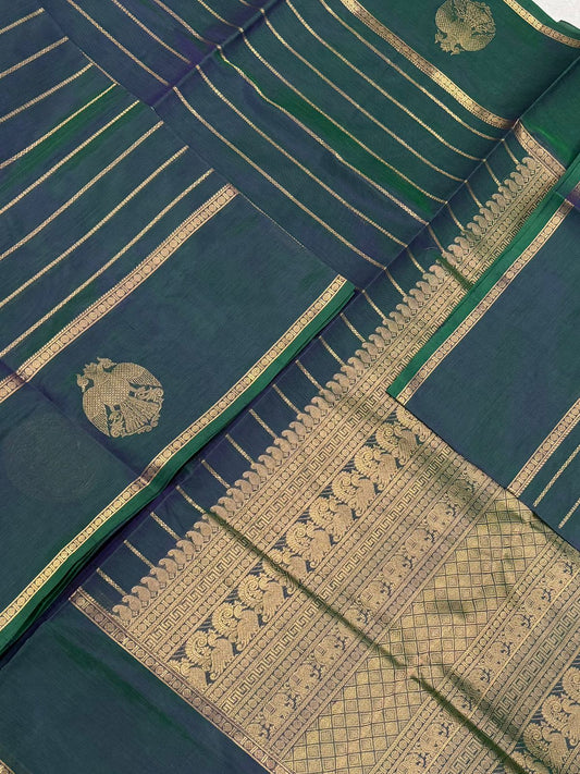 Kanchi Silk Cotton Sarees | veldhari x eruthalapakshi |  peacock green  X gold X yhazli | NKV31