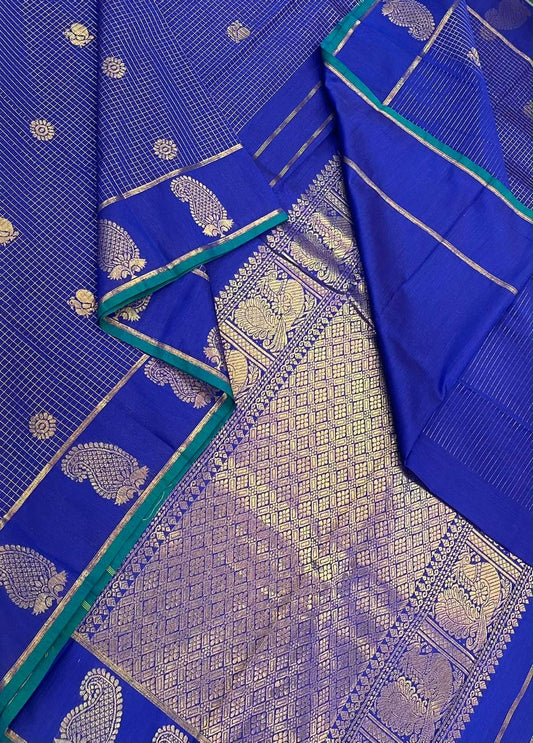 Semi Silk soft Cotton Sarees | mango  border X  muthukattam x mayil chakram | royal blue x green | NKV11
