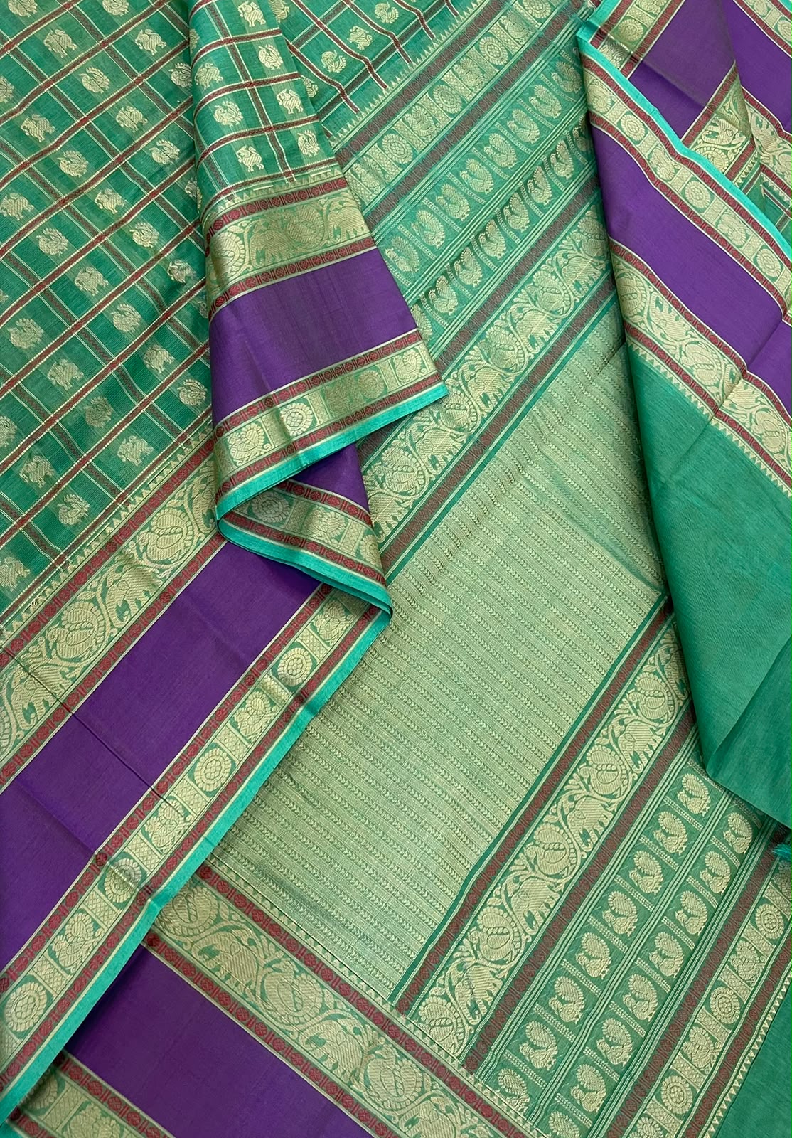 Pure Handloom Kanchi rich Cotton Saree | rexsona green x violet  | thread woven  rettaipet border x 1000 motif