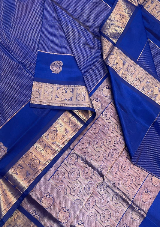Kanchi Silk Cotton Sarees | luxury silk cotton | muthukattam X mango motif | royal blue X gold NKV37