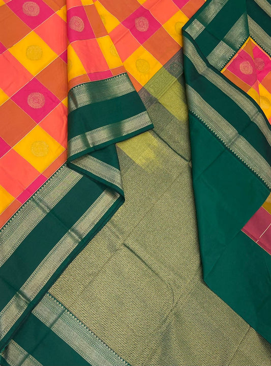 Vegan Silk Sarees Online | kattam X gold | yellow x pink x green