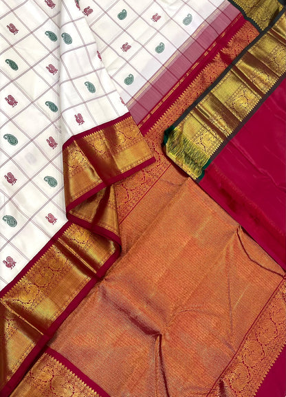 Traditional Kanchipuram Silk Sarees  | ganga jamuna border Zari | kattam  x manga x mayil | white x marron x green | Handwoven luxury x 4 ply master weave | NKV35