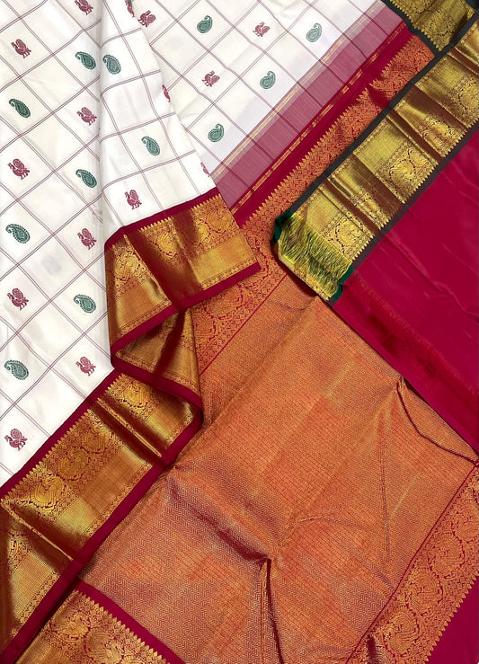 Traditional Kanchipuram Silk Sarees  | ganga jamuna border Zari | kattam  x manga x mayil | white x marron x green | Handwoven luxury x 4 ply master weave | NKV35