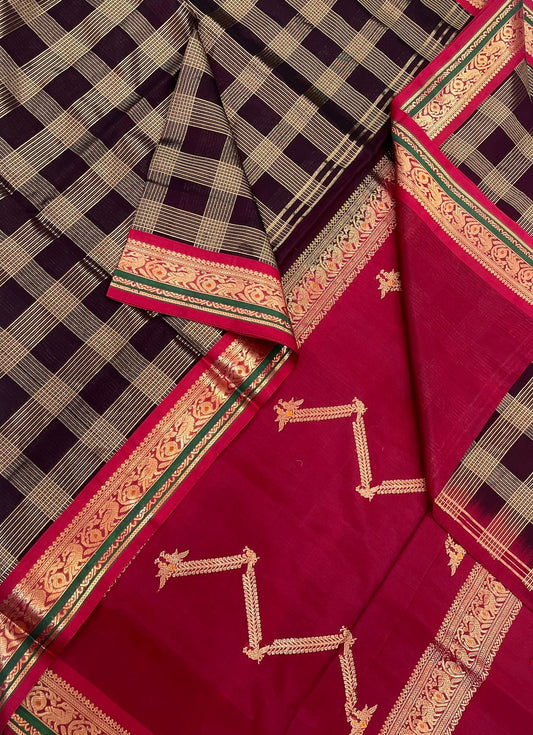 Kanchi Silk Cotton Sarees | luxury silk cotton | 2x2 kattam X Mayil zari border x rettai killi kodi pallu  | dark brown x red|  NKV37