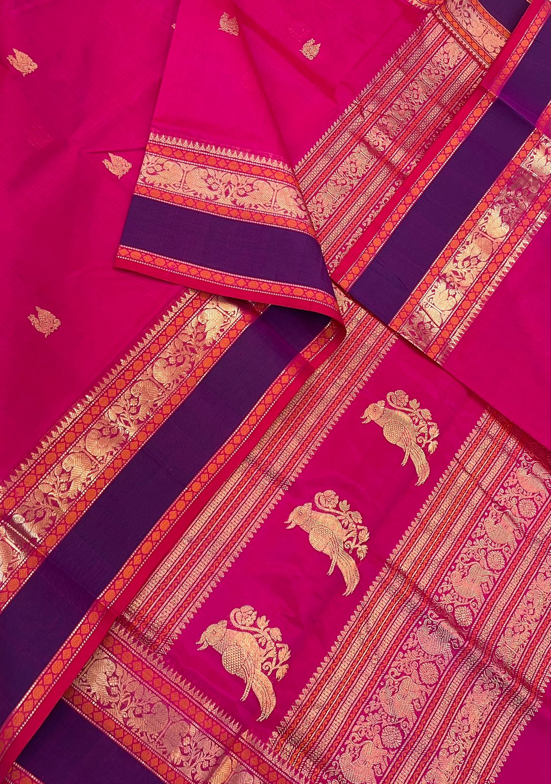 Kanchi Silk Cotton Sarees | luxury silk cotton | rettaipet zari X mayil motif| rani pink x violet x parrot pallu