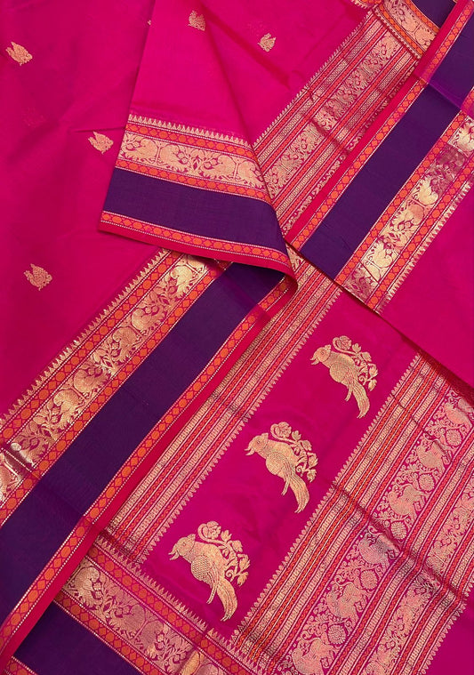 Kanchi Silk Cotton Sarees | luxury silk cotton | rettaipet zari X mayil motif| rani pink x violet x parrot pallu