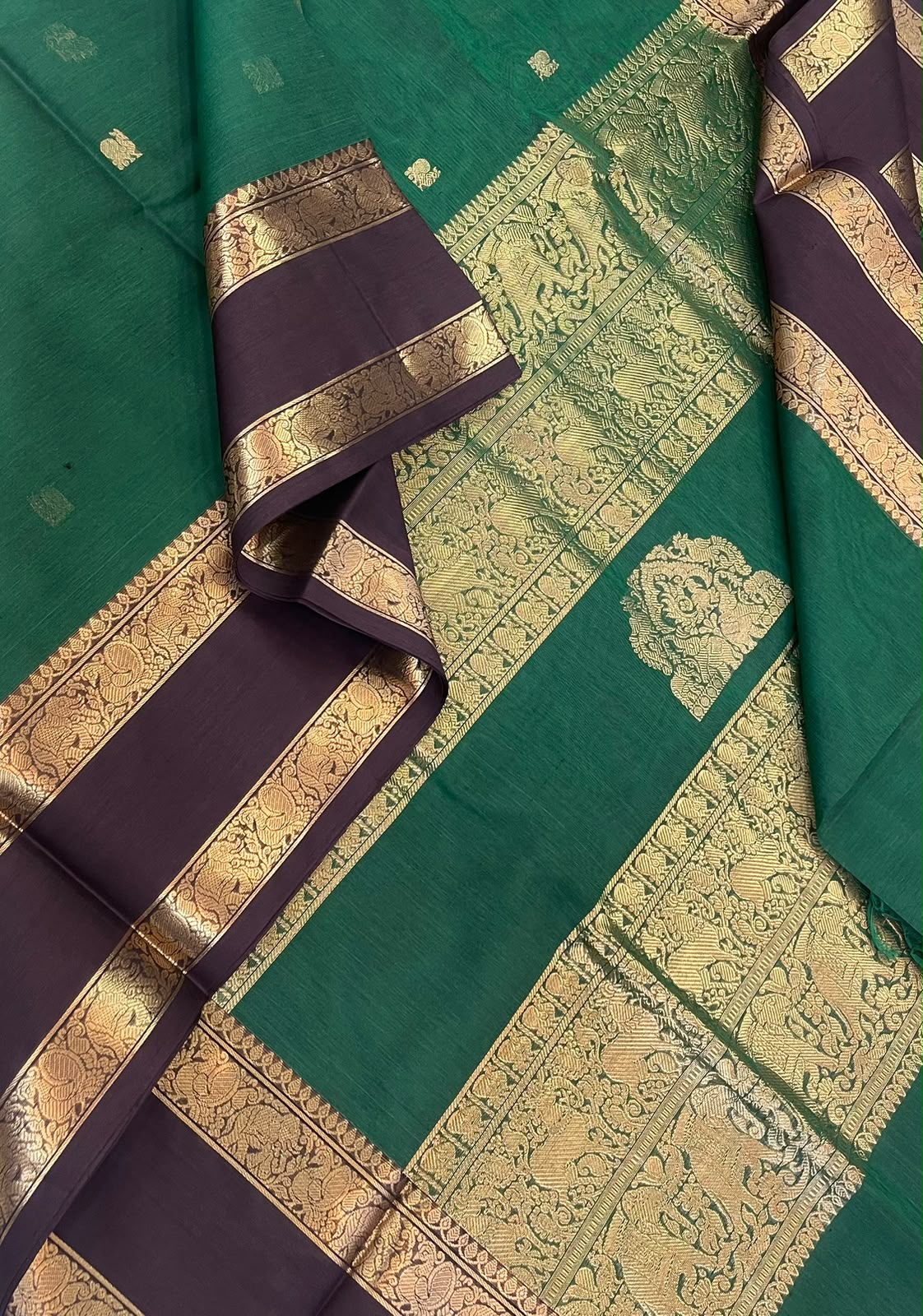 Kanchi Silk Cotton Sarees | peacock and tiny elephant motif x green and brown shade
