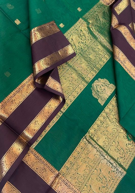 Kanchi Silk Cotton Sarees | peacock and tiny elephant motif x green and brown shade