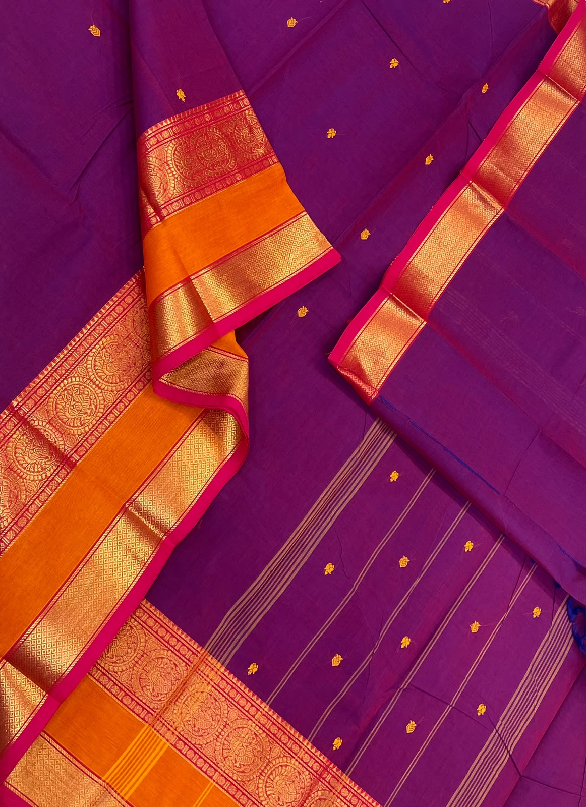 Kanchi soft cotton | violet x orange |  Zari rettaipet border