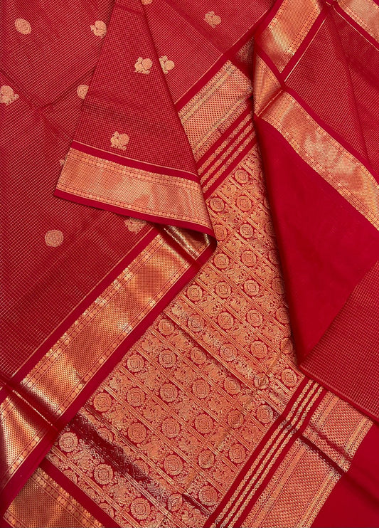 Kanchi Silk Cotton Sarees | luxury silk cotton | muthukattam x mayil chakram  | chilly red x gold | NKV37