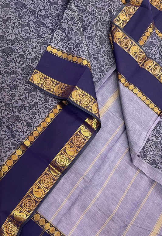 Kanchi soft cotton | pastel blue x dark blue | zari border X vanasingaram