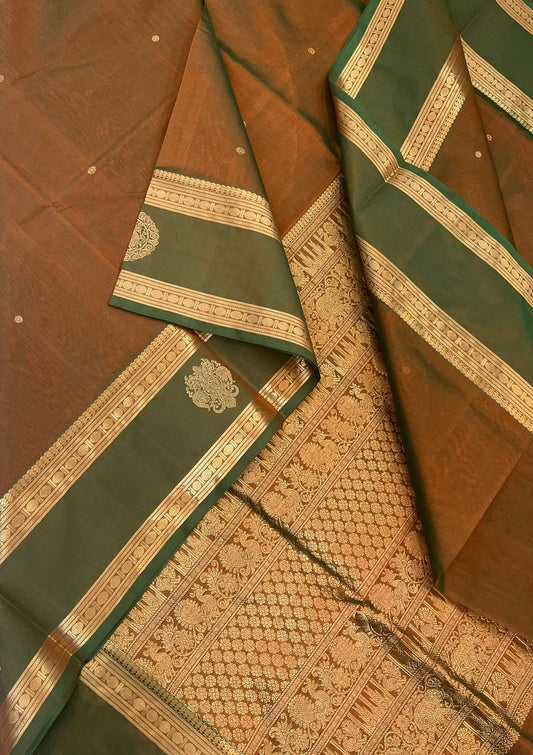 Kanchi Silk Cotton Sarees | tiny motif x rettaipet border | twotone mustard x green