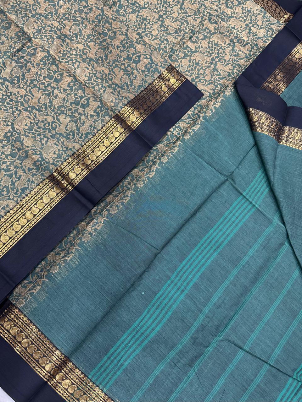 Kanchi soft cotton | cyan green x black | zari border X vanasingaram