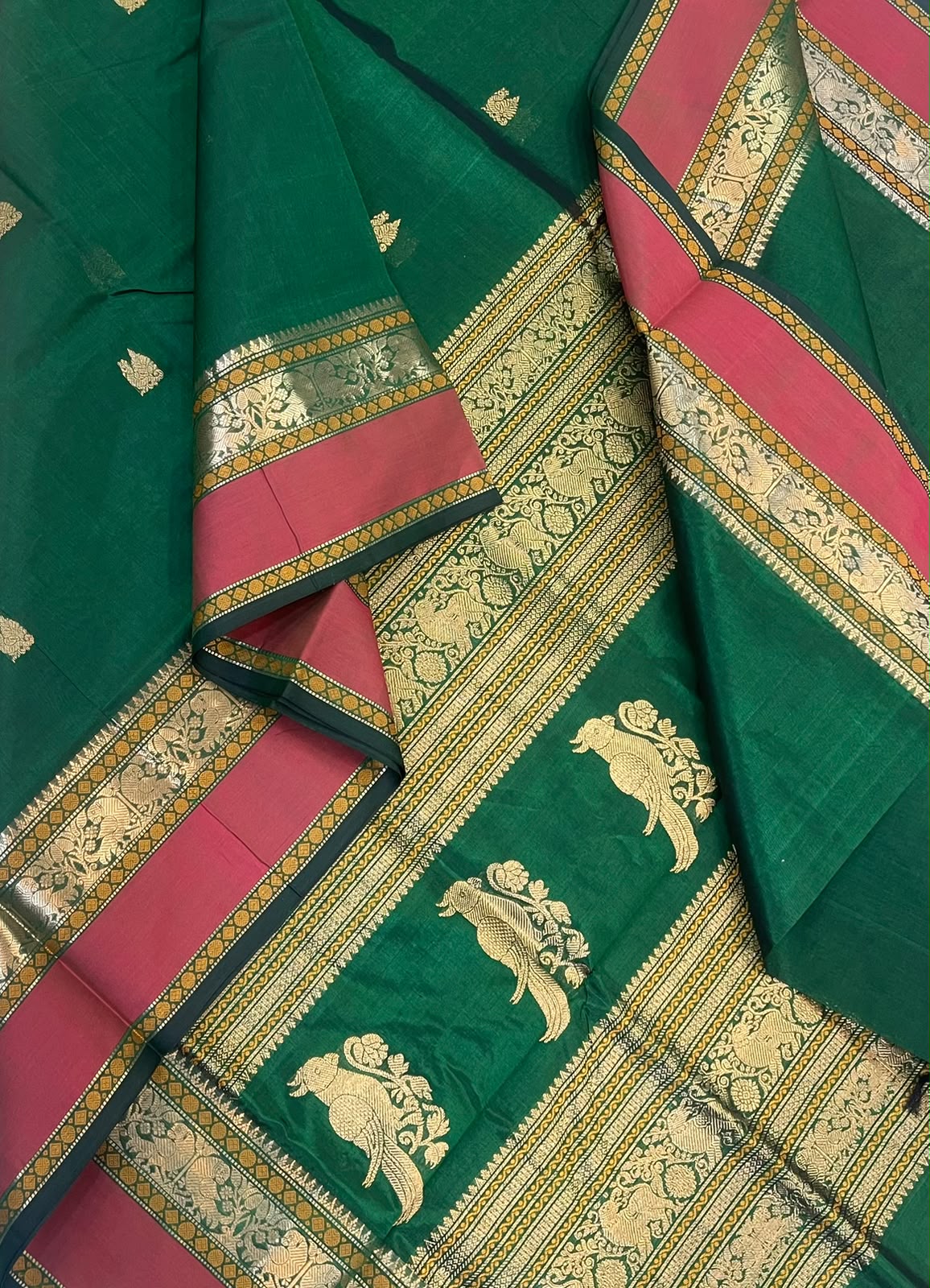 Kanchi Silk Cotton Sarees | zari mayil motif X rich zari killi pallu X zari rettaipet border | bottle green x pink