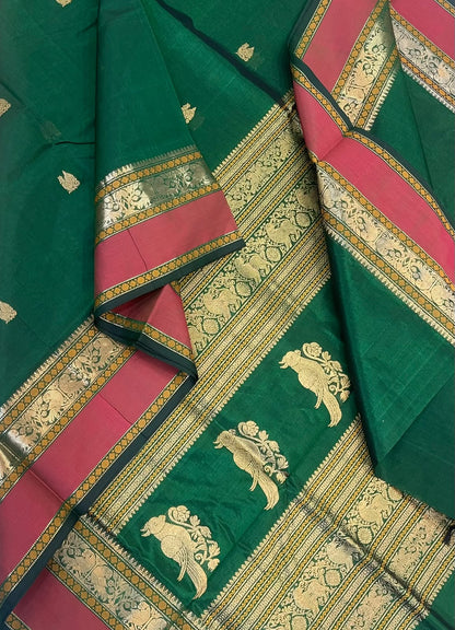 Kanchi Silk Cotton Sarees | zari mayil motif X rich zari killi pallu X zari rettaipet border | bottle green x pink