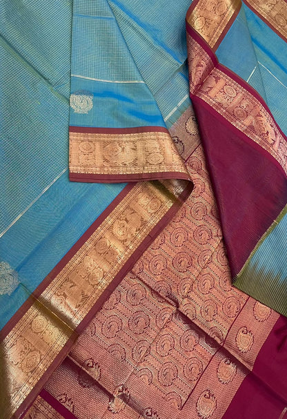 Kanchi Silk Cotton Sarees | luxury silk cotton |  muthukattam x mango motif | teal blue x marron | NKV37