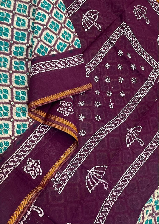 Madurai Sungudi soft cotton | blue x marron | tiny Zari border
