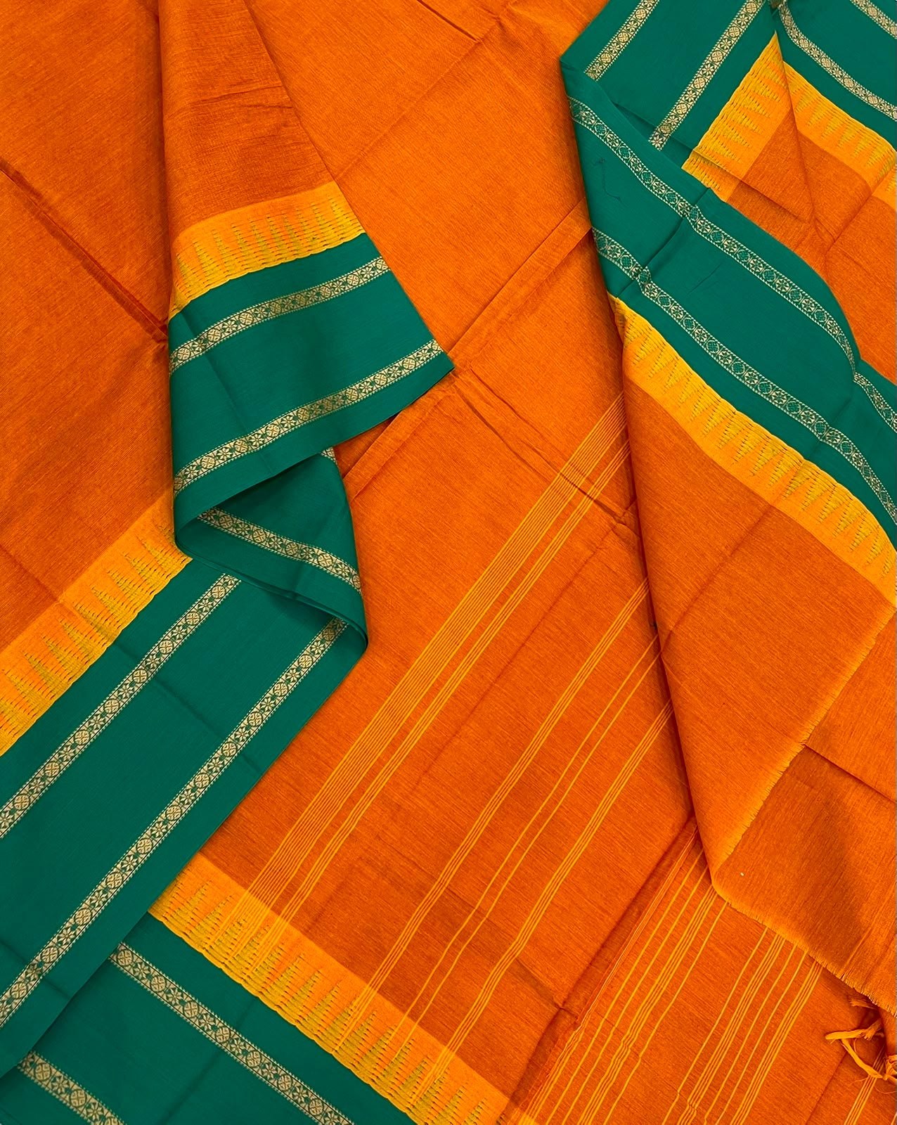 Pure Handloom Kanchi rich Cotton Saree | orange X green  | thread Korvai  border
