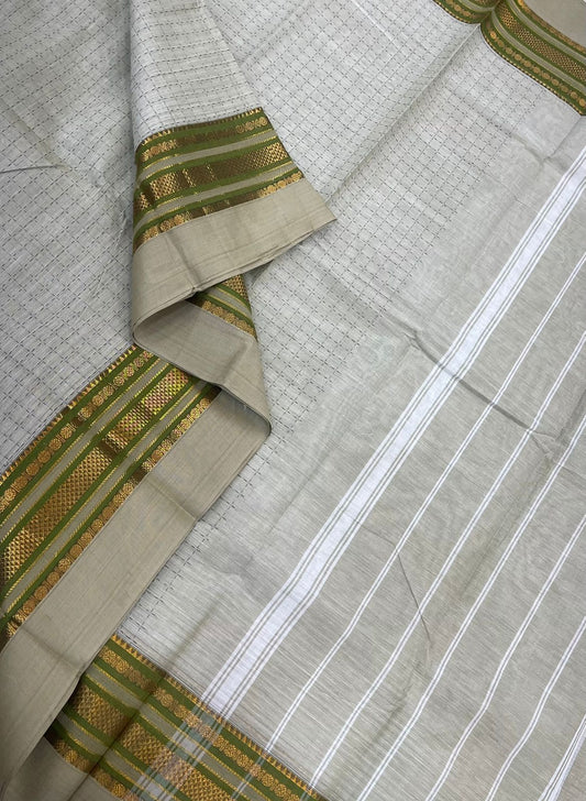 Kanchi soft cotton |zari border  X plus BUTTA| half white x green