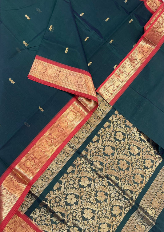 Kanchi Silk Cotton Sarees | LUXURY Silk cotton | tiny motif x tiny zari border  | bottle green X orange