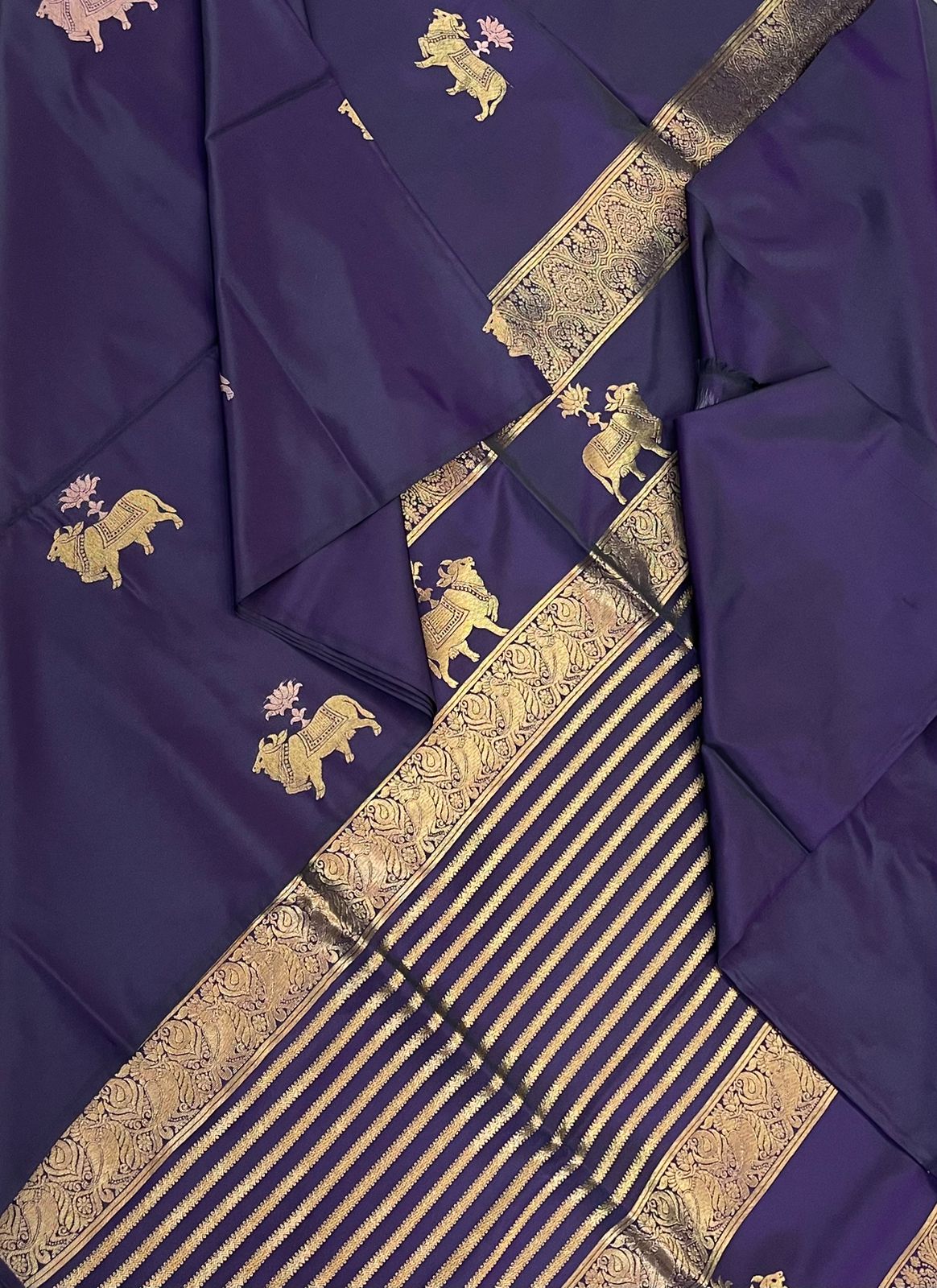 Vegan Silk Sarees Online | navy blue X gold | pichwai cow motif