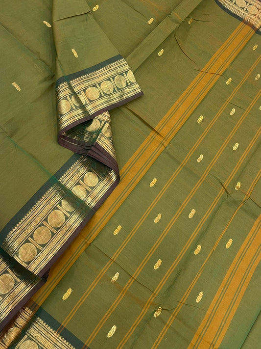 Kanchi soft cotton | butta x zari  rudhraksham border |  green x twotone green