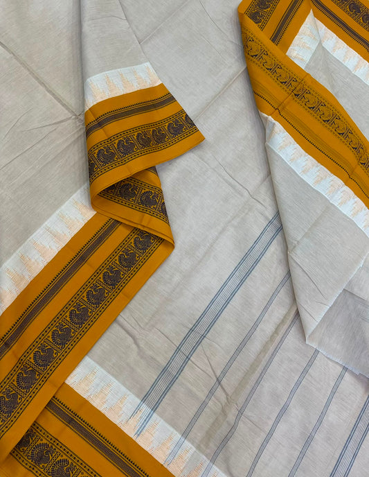 Pure Handloom Kanchi rich Cotton Saree | cream X mustard  | thread Korvai  border