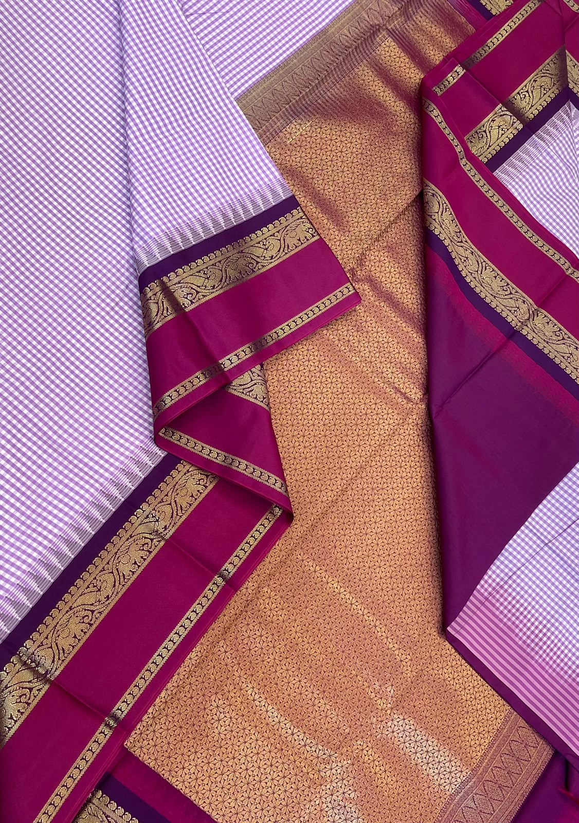 Vegan Silk Sarees Online | lavender 🪻 x white X hot 🩷 pink| kasa kasa kattam x rettaipet border