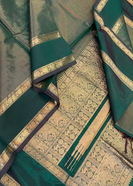 Kanchi Silk Cotton Sarees | luxury tissue silk cotton | intricate VAIRAOOSI X rettaipet | bottle green x gold