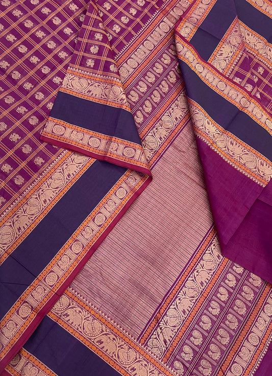 Pure Handloom Kanchi rich Cotton Saree | vadamalli X violet  | thread rettaipet border x 1000 butta